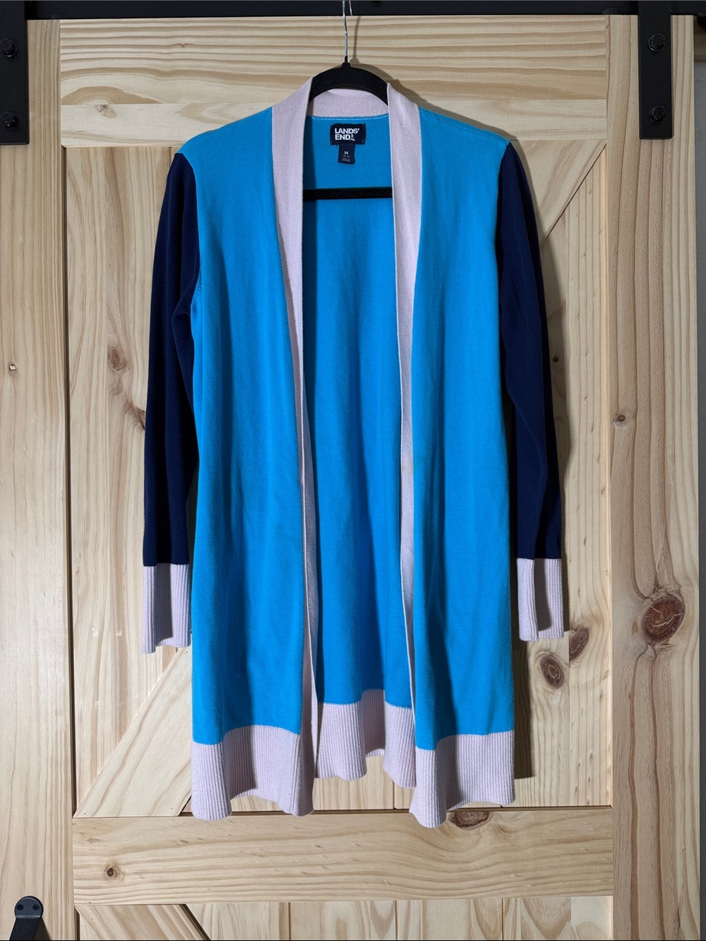 Lands' End Blue and Navy Open Front Colorblock Cardigan with Pink Trim